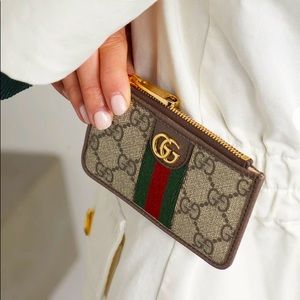 GUCCI Ophidia textured leather-trimmed printed coated-canvas cardholder NWT